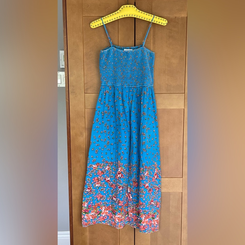 Beautiful PATRONS of PEACE Cotton Turquoise and Pink Floral Midi Dress, Small